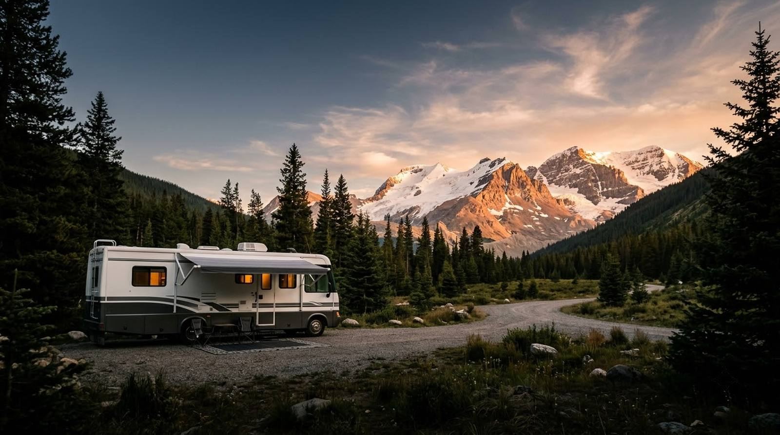 A motorhome parked in a mountain valley at golden hour